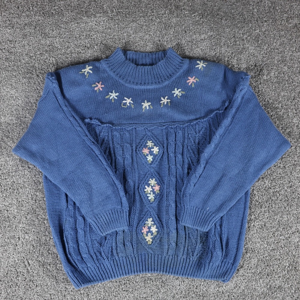 Kristen Grey Women's 2XL Blue Floral Embroidered Cable Knit Mock Neck‎ Sweater